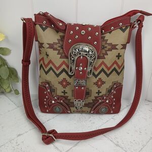Red Vegan Leather Southwest Western Rhinestone Buckle Crossbody Bag